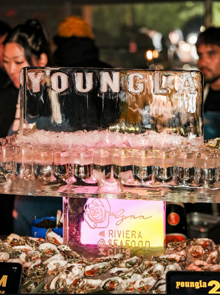 Rosalynn x YoungLA raw bar activation with branded ice sculpture